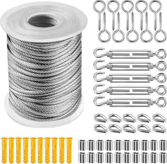 Cavo in rame, 2 mm isolato, cavo in rame, corda per tende, set di cavo in acciaio inossidabile 304, un uccello sulla corda in acciaio, cavo in rame con occhi, guaina per cavo, corda per cavo in acciaio (15 m)