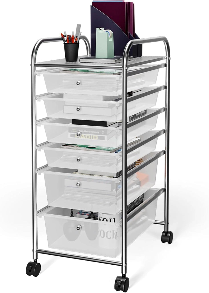 Carrello con 6 cassetti impilabili, carrello per cassetti, carrello da cucina con ruote bloccabili, carrello portaoggetti, carrello in metallo, per cucina, ufficio (colorato)