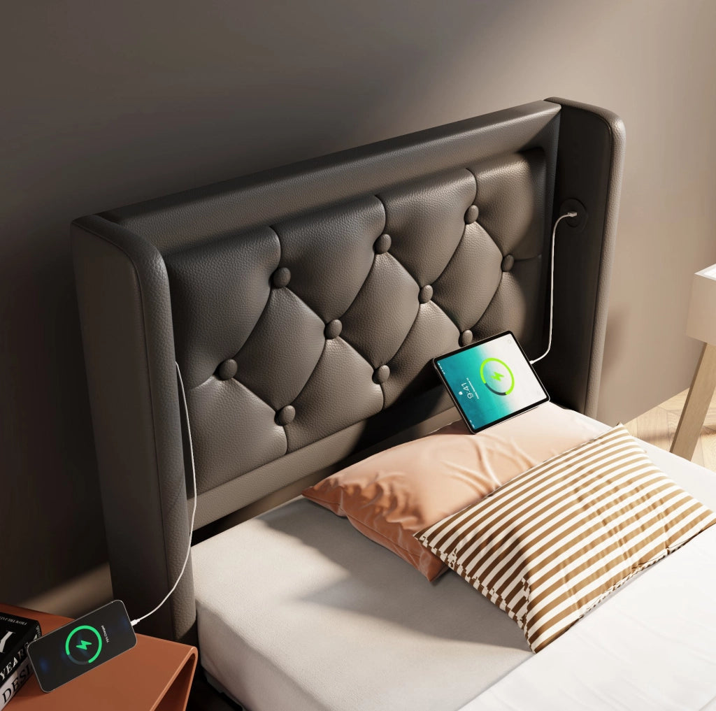 Letto imbottito 90x200 cm nero in PU con contenitore idraulico, LED e USB-C