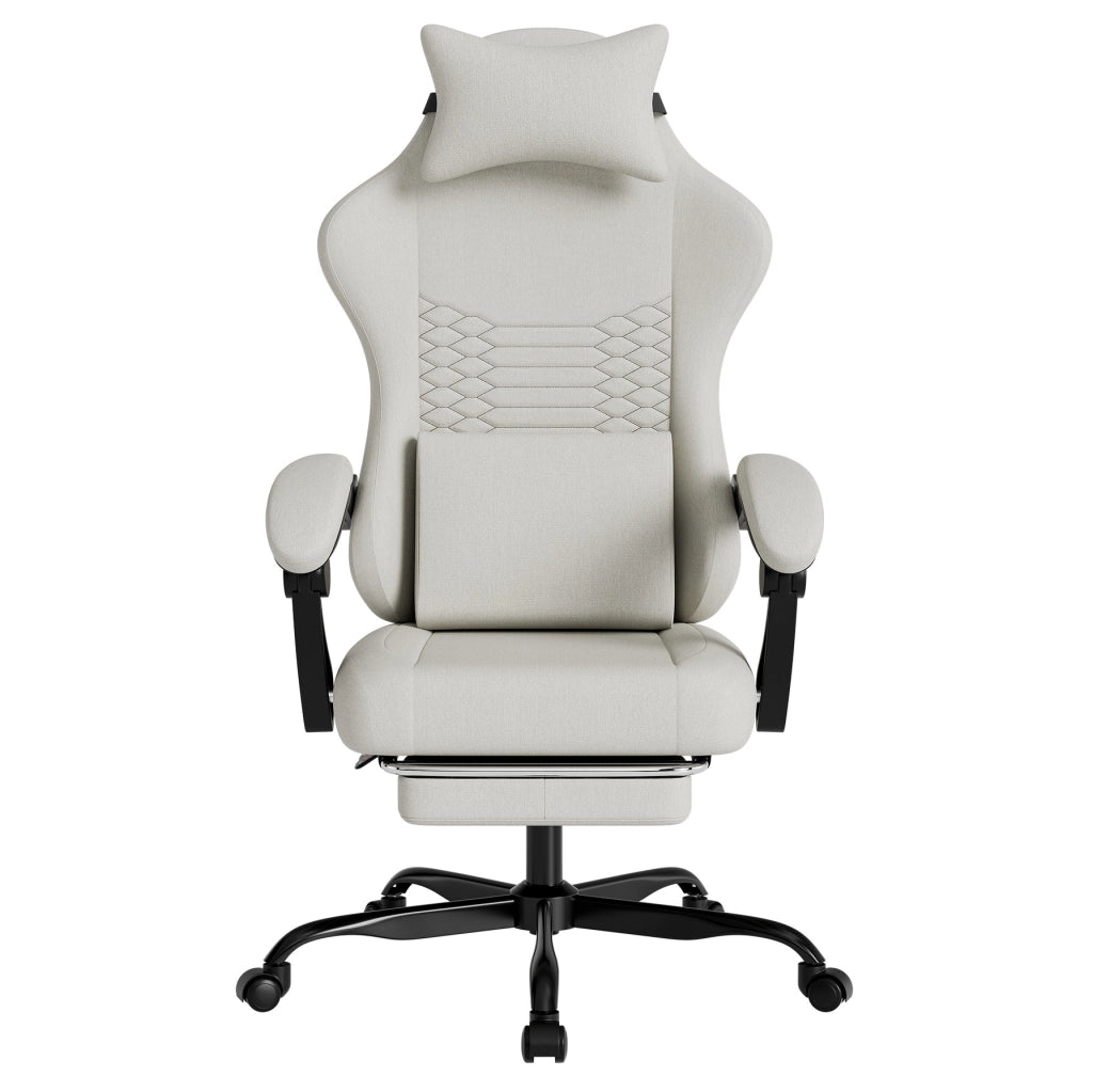 Sedia gaming ergonomica in tessuto bianco con poggiapiedi; braccioli sincronizzati e schienale reclinabile