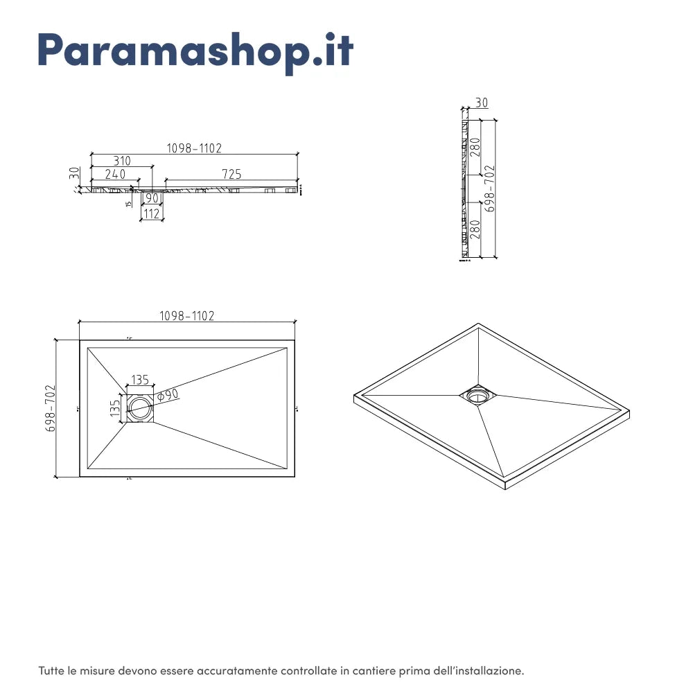 Piatto doccia rettangolare 70x110 cm in marmoresina bianco effetto pietra h3 cm | Milos