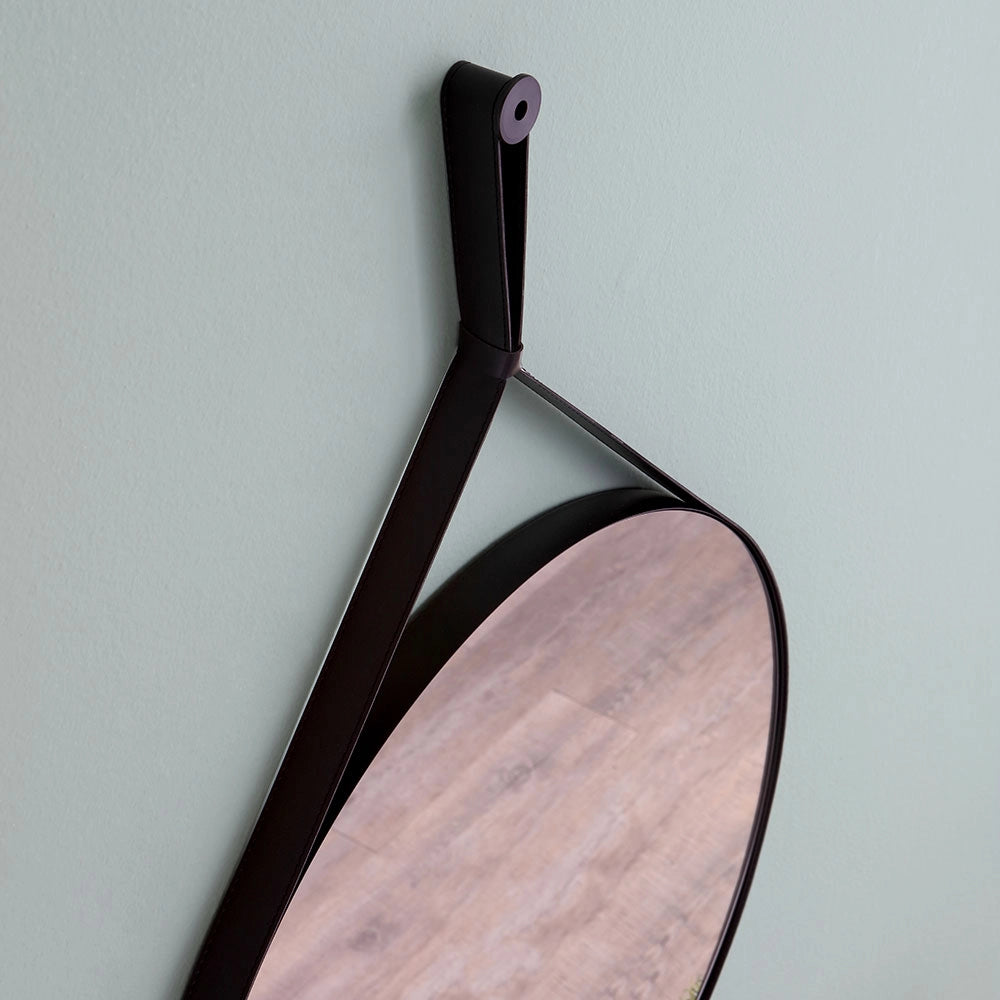 Specchio bagno rotondo con laccio pelle nera