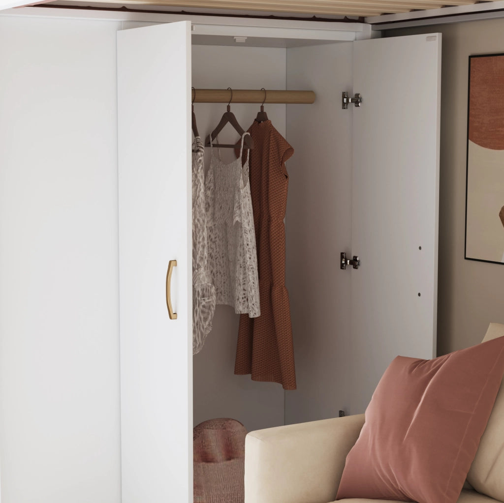 Letto a soppalco 90x200 cm in legno bianco con armadio; ripiani e scala contenitore