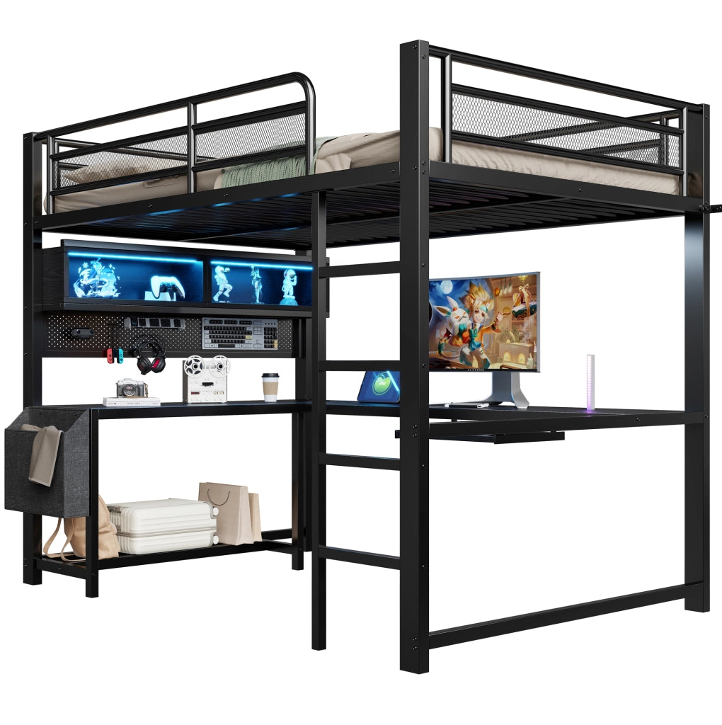 Letto a soppalco 140x200 cm con scrivania; LED e stazione di ricarica in MDF e metallo nero