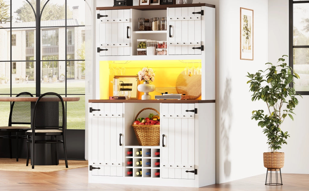 Credenza alta con LED RGB, 2 ante e vano aperto, ripiani regolabili, per cucina e soggiorno, bianco, 120 × 40 × 180 cm