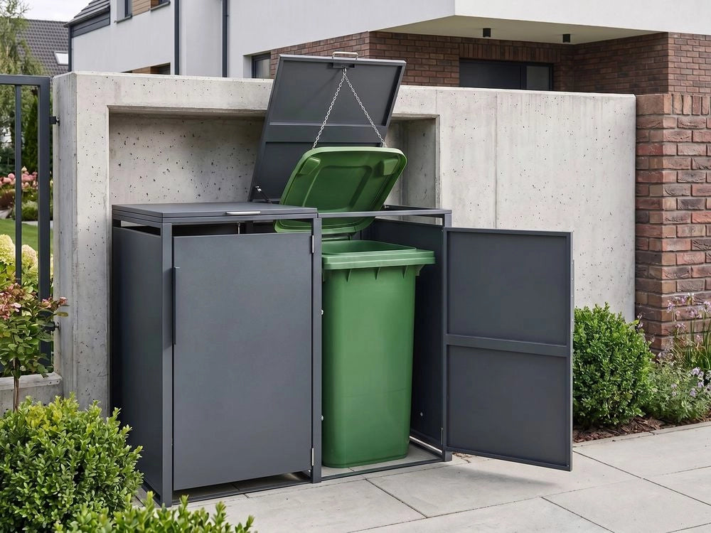 Copertura doppia metallica per bidone della spazzatura da esterno con apertura superiore e catena, per bidone da 480 L, in acciaio zincato grigio scuro