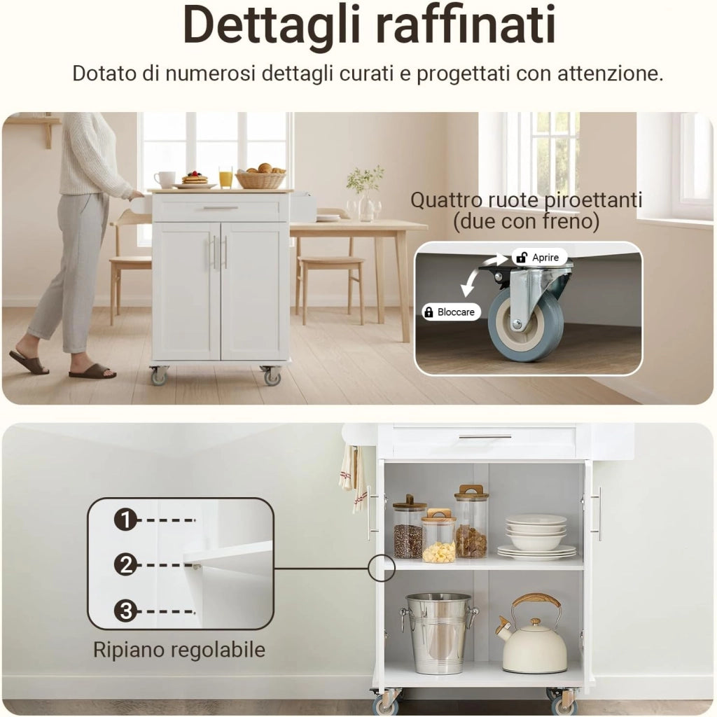 Carrello Cucina con Ruote – Mobile Cucina Salvaspazio con Piano in Bambù, Carrello Cucina con Cassetto e Armadietto, Credenza Cucina e Mobiletto Cucina per Soggiorno 84x44,5x91cm FKW13-II-WN