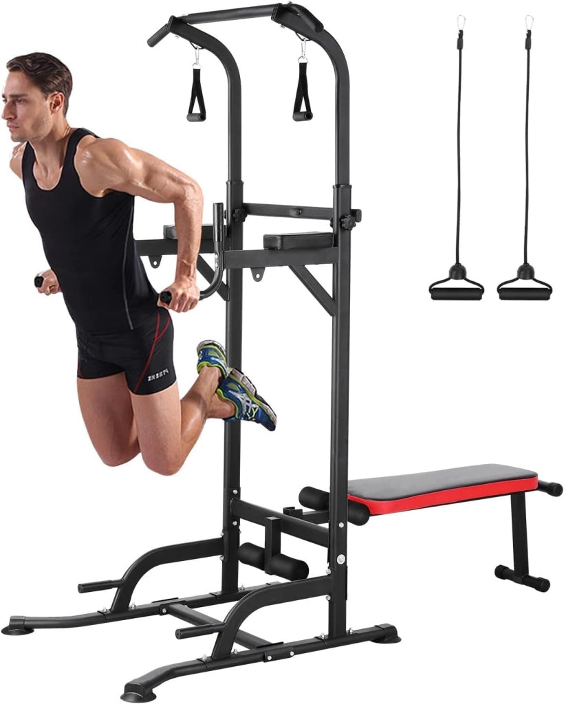 Dip Station Power Tower, torre multifunzione con panca pieghevole, barra per sollevamento pesi per allenamento a casa, con fasce per allenamento, capacità di carico fino a 200 kg