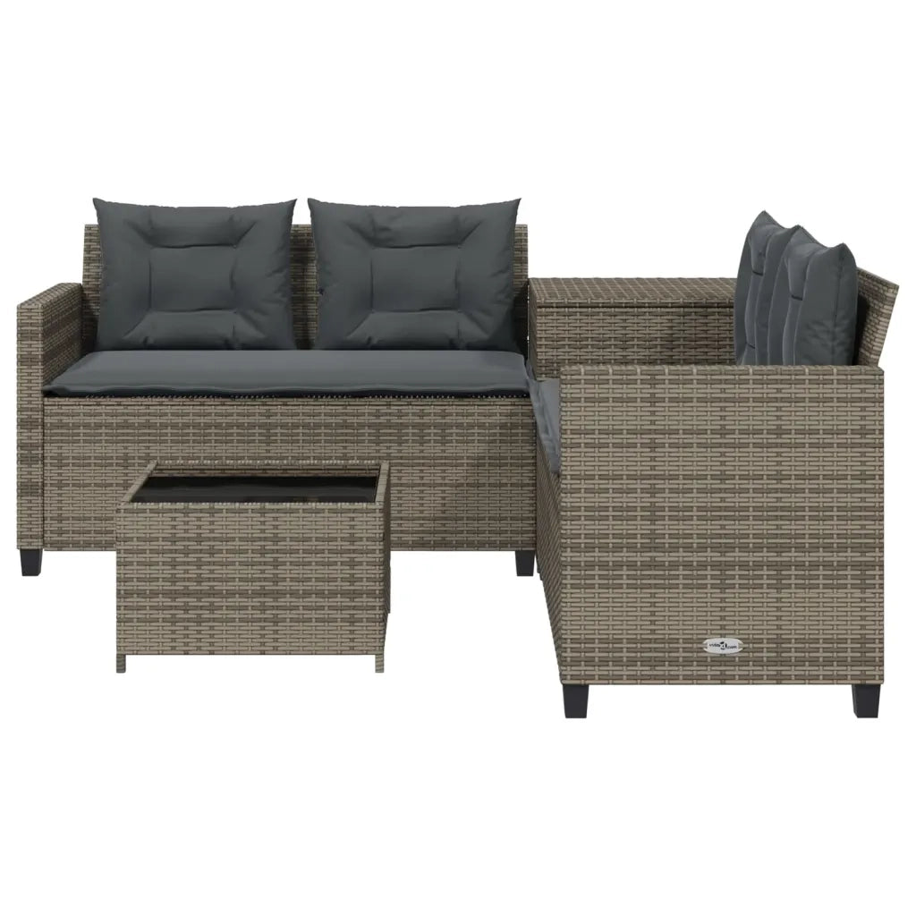 Divano da Giardino con Tavolo e Cuscini a L Grigio Polyrattan 369029
