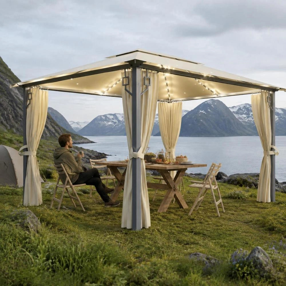 Pavilion With Curtains & LED String Lights 400x300 Cm Cream Aluminum