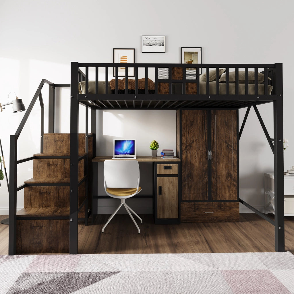 Letto a castello nero in metallo e legno con funzione contenitiva 140x200 cm