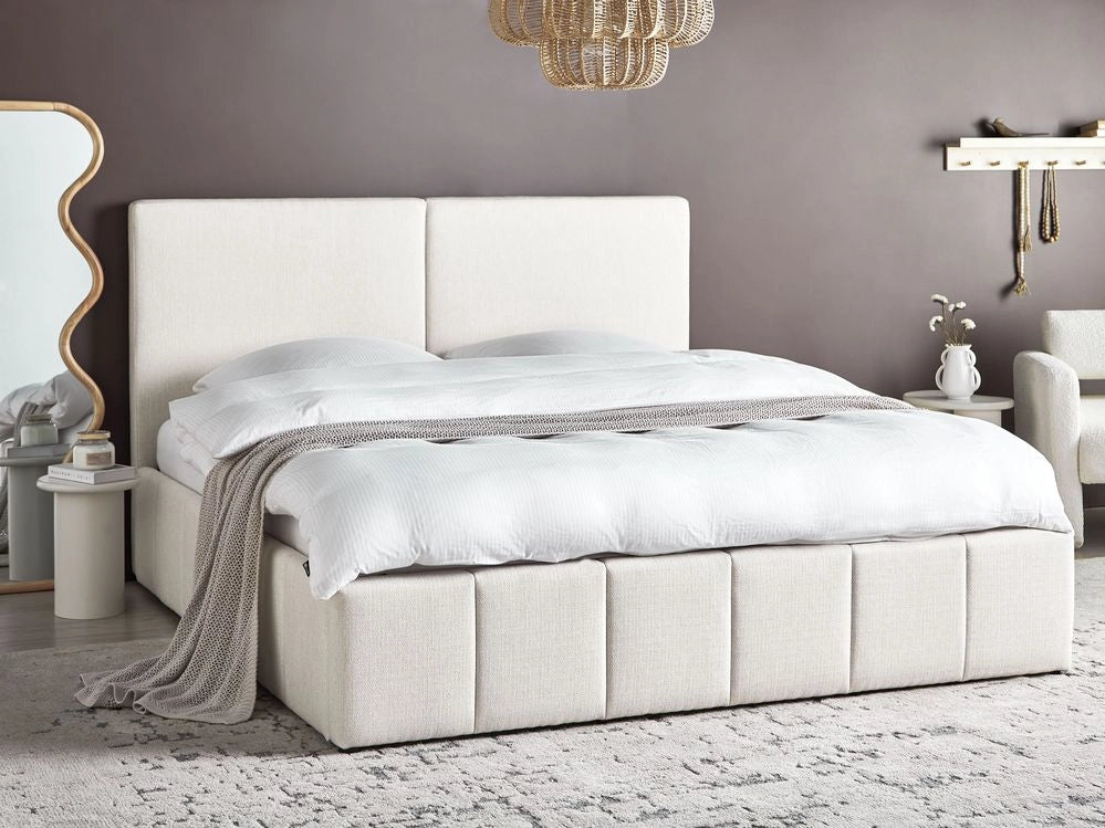 Letto matrimoniale con contenitore rivestito in tessuto bianco sporco 180 x 200 cm camera da letto elegante
