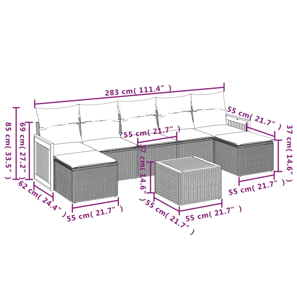 Set Divano da Giardino 8 pz con Cuscini Beige in Polyrattan