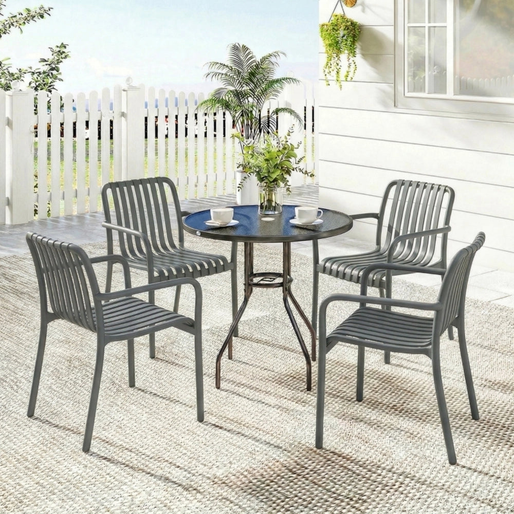 Set 4 sedie da giardino impilabili con braccioli; design a lamelle; grigio scuro