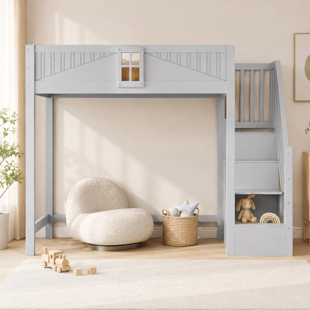 Letto a soppalco in legno massello 90 x 200 cm con scala laterale reversibile, vano contenitore integrato e protezione a finestra, grigio