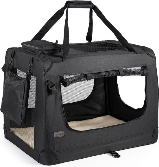 Cassa per trasporto cani pieghevole per viaggi in auto - 70x52x50 cm - Cassa robusta per cani - Maniglie con copertura - 15 kg - Materiale duraturo - Cassa per cani piccola grande nera