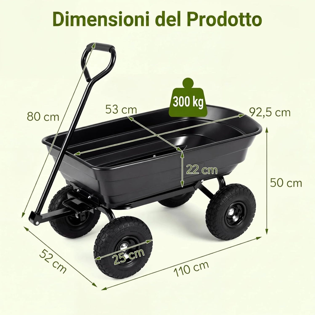 Carrello da Giardino 75 L Portata 300 kg, Carriola da Giardino Ribaltabile con 4 Ruote Pneumatiche, Manico Regolabile e Impugnatura Morbida, Carriola da Muratore da Esterno