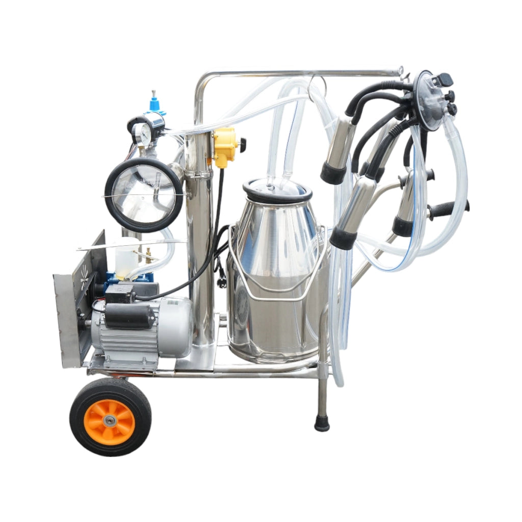 Dispositivo per mungitura di mucche, 1 postazione, 750W, 220V, bidone in acciaio inox da 25L, gruppo di mungitura con 4 manicotti, pressione del vuoto 40-50 kPa, pulsazioni 60-80 cpm.