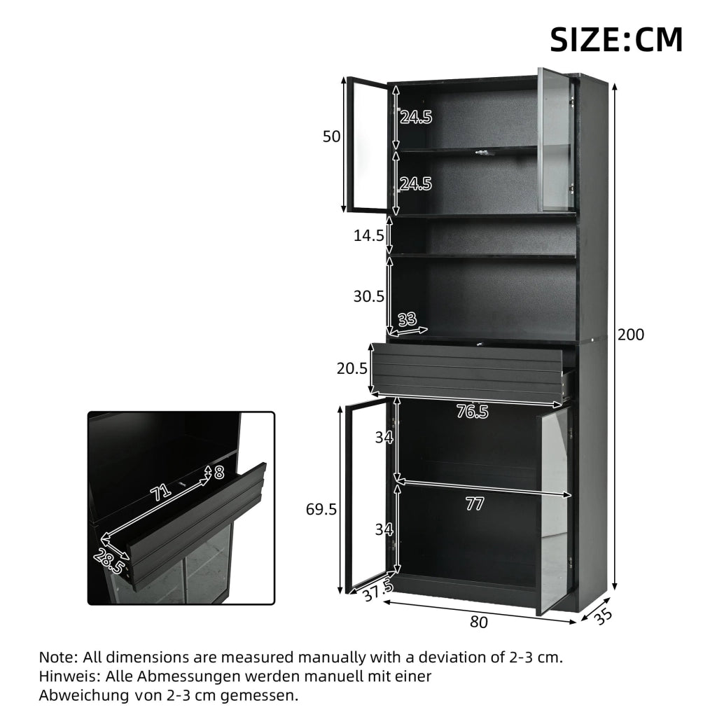 Vetrina, libreria, 80 x 35 x 200 cm, 4 ante in vetro, con cassetti, illuminazione a LED, nera