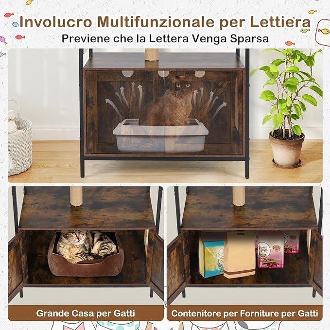 Albero per Gatti 80 x 48 x 150 cm, Lettiera Gatto Chiusa con Posti per Graffiare, Cuscino, Amaca e Palla Pendente, Torre per Animali Domestici in Metallo e Corda di Juta