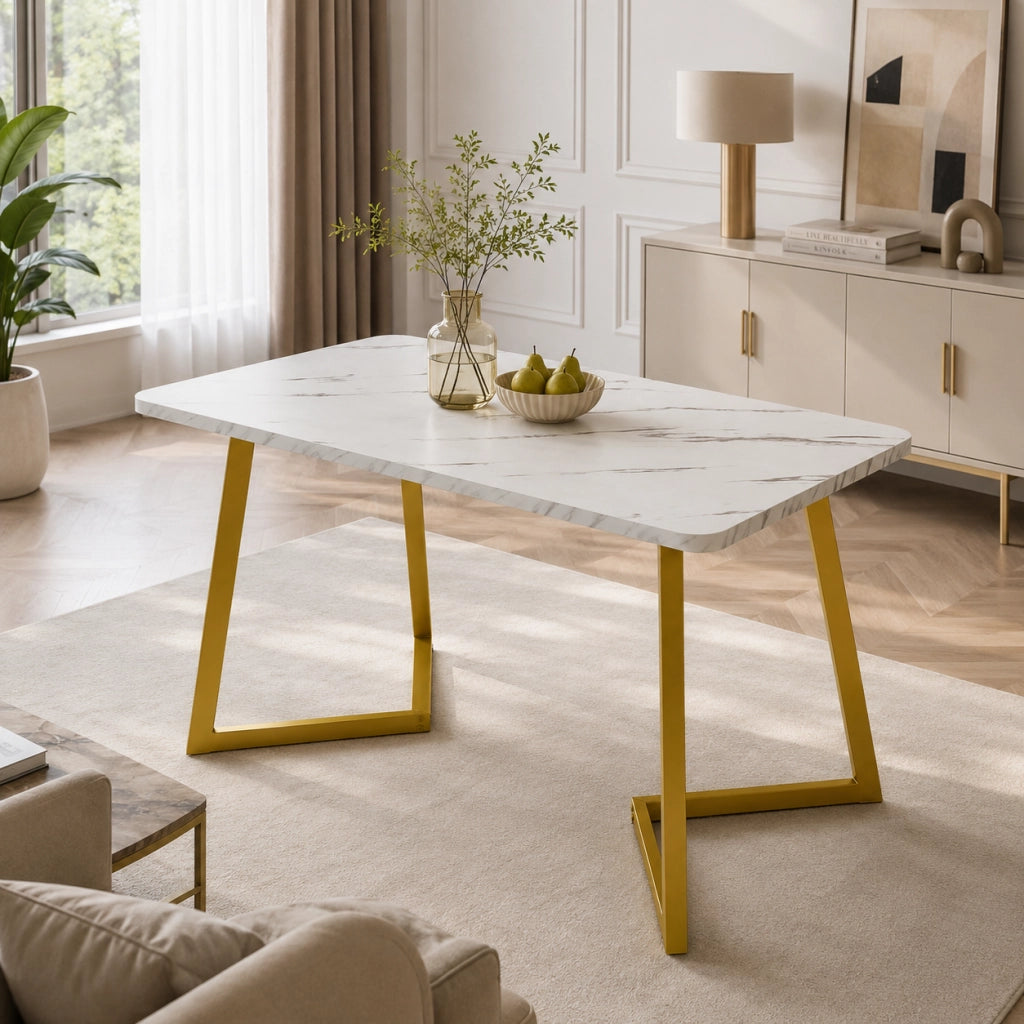 Tavolo da pranzo 117x68x75 cm con piano effetto marmo; gambe in ferro; MDF; bianco dorato