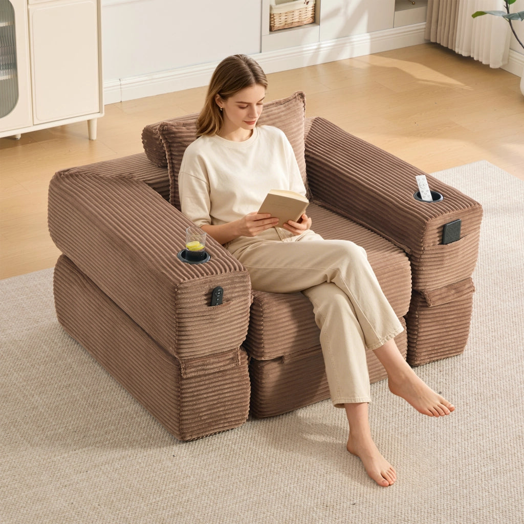Divano letto modulare in velluto a coste con schiuma 30D, molle, tasche laterali e portabicchieri marrone