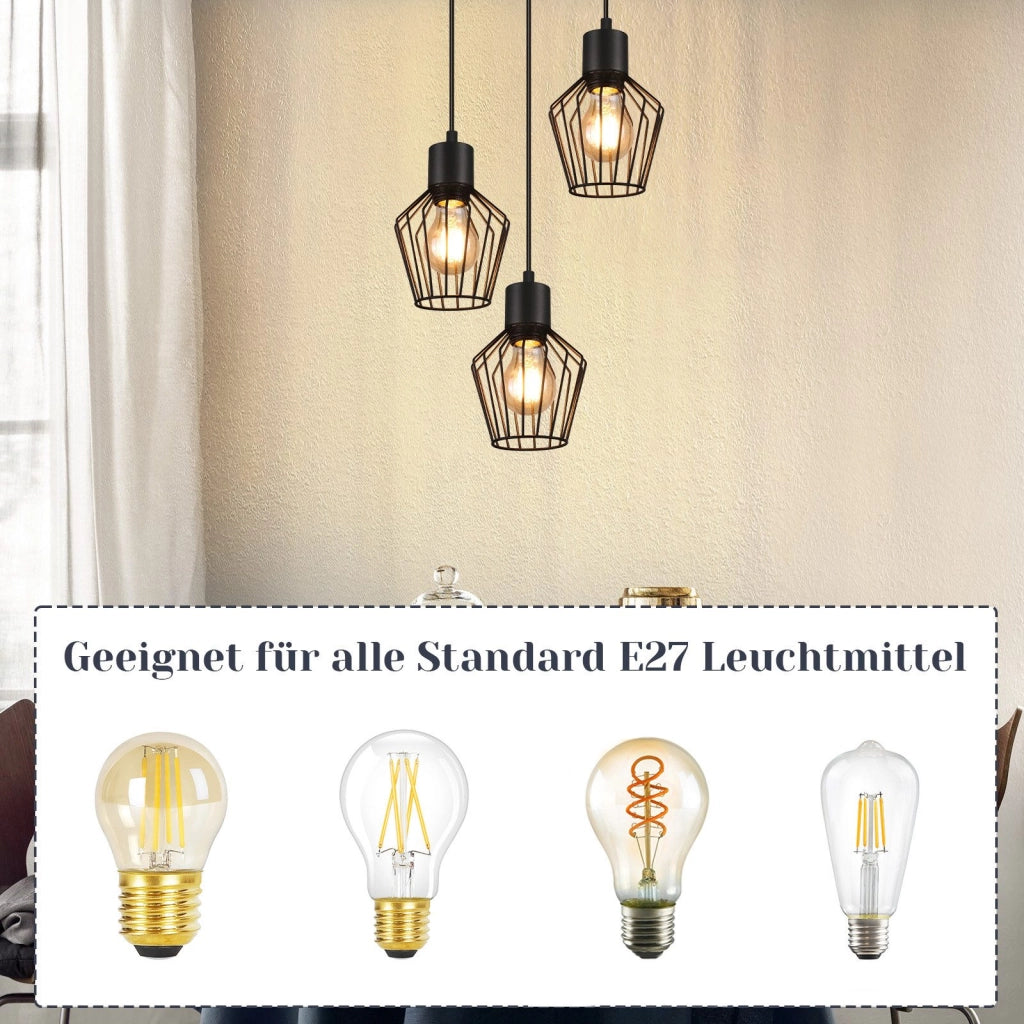 Lampada a sospensione ZMH rotonda a 3 lampadine LED nera E27 retr¨° in metallo