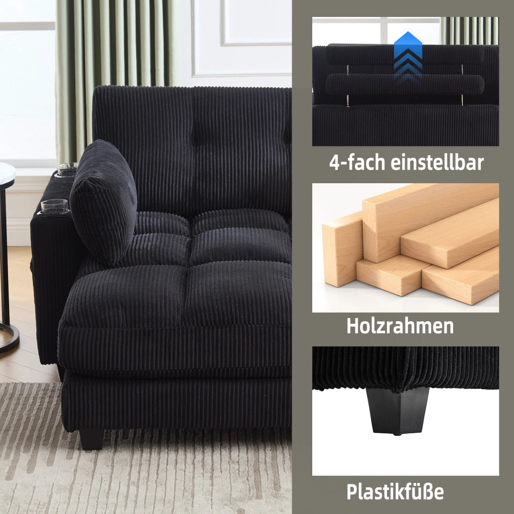 OKWISH Poltrona Relax con Porta USB, Portabicchieri, Tasca Laterale e Poggiatesta Regolabile, Velluto a Coste, Nero