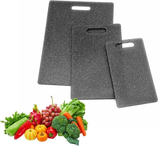 Piastra di taglio nera, set di 3, materiale sicuro, facile da pulire, piastra di taglio in plastica antiscivolo.