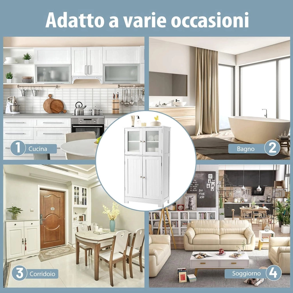 Armadietto del Bagno con 4 Ante, Armadietto con Ante di Vetro, Credenza di Legno con Mensole Regolabili, Organizer Multiuso per Casa Corridoio Salone Ufficio (Bianco)