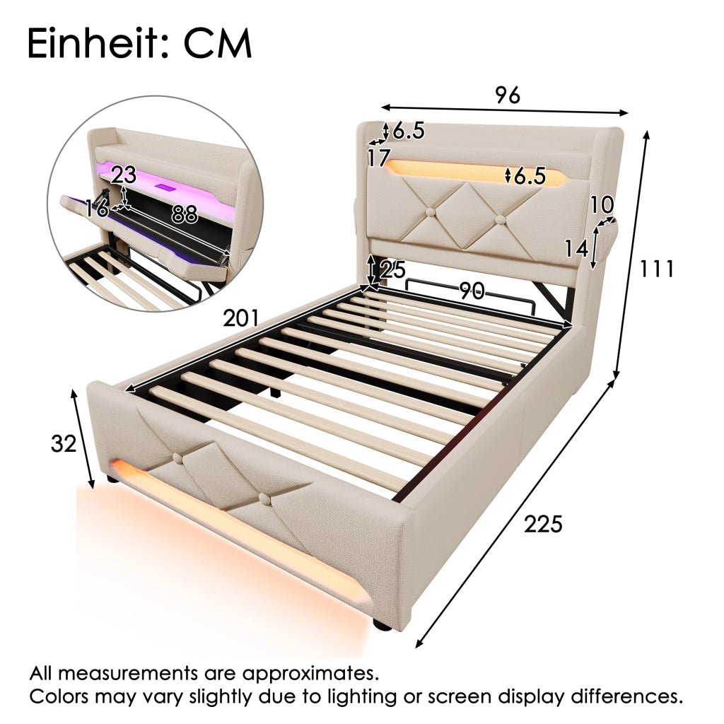 LETTO Contenitore 90x200 cm Beige Lino con materasso incluso