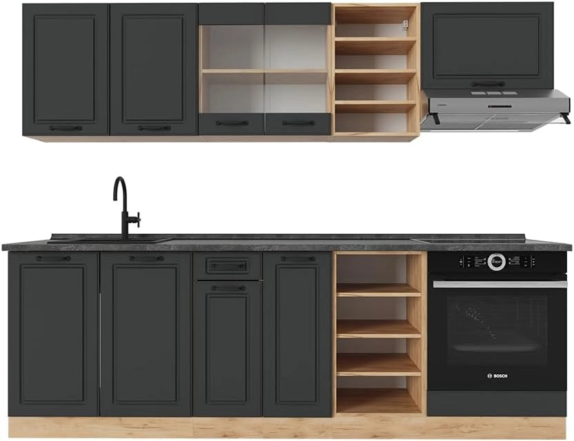 Cucina componibile R-Line, Calcestruzzo/quercia dorata, 240 cm senza piano di lavoro
