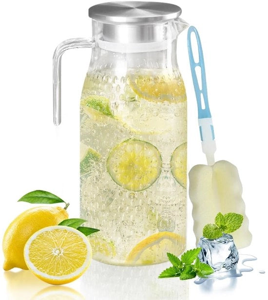 Karaf da 1,6L con coperchio in acciaio inossidabile - Bicchiere in plastica - Leggero e duraturo - Karaf indeformabile - Manico - Per frigorifero e feste - Bicchiere da drink