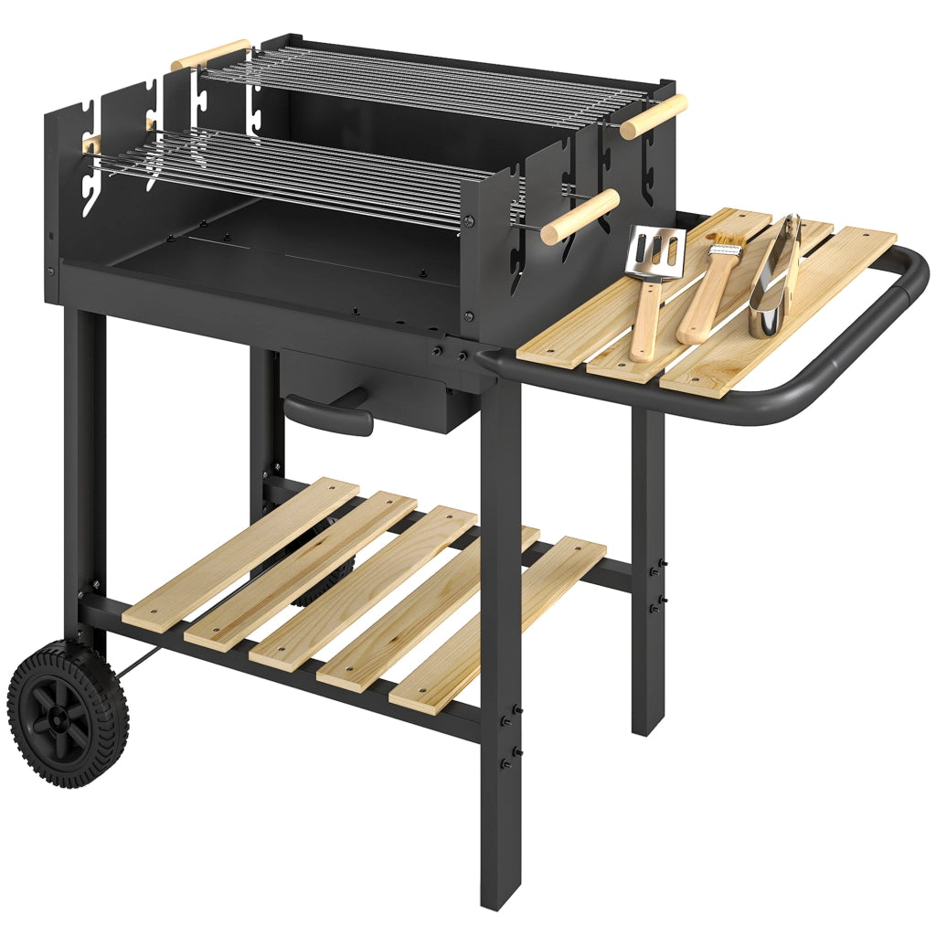 Carrello per Barbecue in Legno con 2 Griglie Regolabili ¨C zephmum ¨C Nero