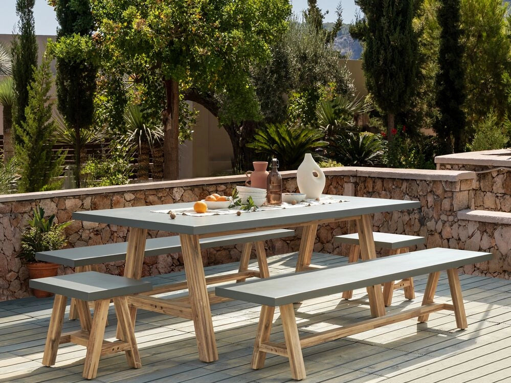 Set da pranzo da giardino tavolo da pranzo in fibra di cemento e legno d'acacia con sgabelli e panche 8 posti Grigio stile industriale