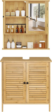 Set di mobili da bagno con armadietto a specchio, per bagno, in bambù, modello 5