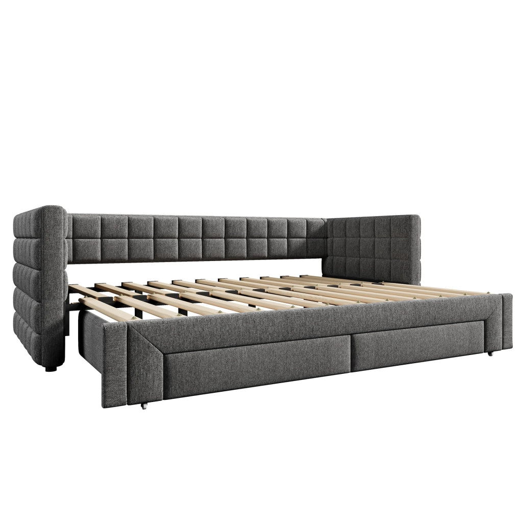 Daybed estraibile 90x200 cm in velluto grigio con 2 cassetti e schienale quadrato