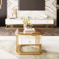 Set di Tavolini da Salotto Impilabili in Marmo Lucido e Vetro con Dettagli Dorati e Cassetti, 60x60x42,5 cm + 50x50x34 cm, Bianco