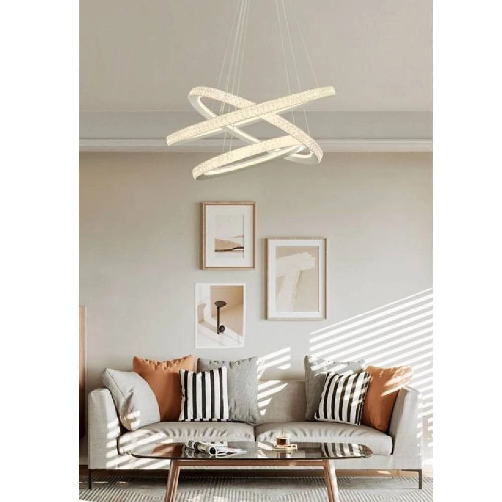 Trade Shop - Lampadario Led 132 W Bianca 3 Anelli Con Cristalli Luce 6500k 3000k 4000k Lp-33b -