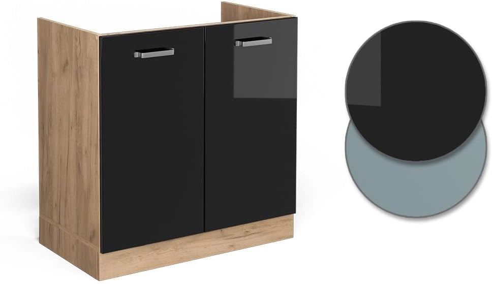 Mobile lavello cucina R-Line, Nero lucido, 80 cm senza piano di lavoro, per la libera combinazione all'interno di sistemi cucina modulari