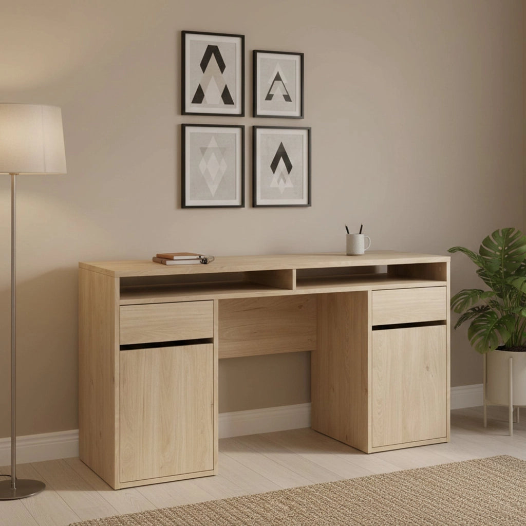 Scrivania Leepi, Scrittoio multiuso, Tavolo per ufficio porta PC, Piano di lavoro, 149x48 h77 cm, Rovere