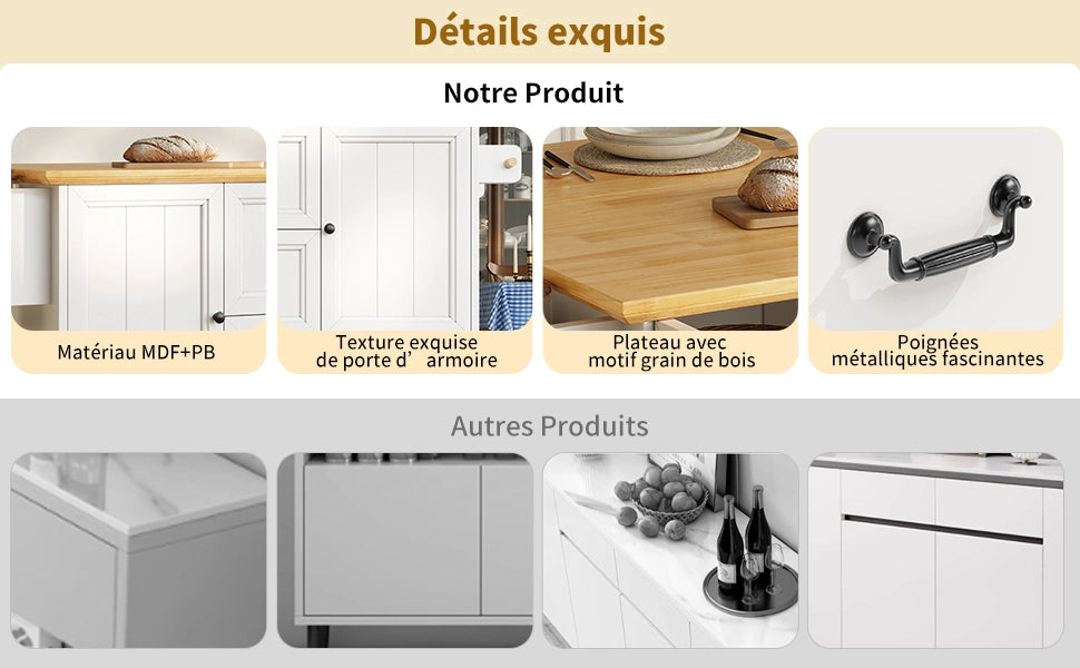 Isola da cucina mobile - Zephmum - 120x73x93 cm - Bianco/Nero - Carrello estraibile, ripiani regolabili, due ante, cinque cassetti