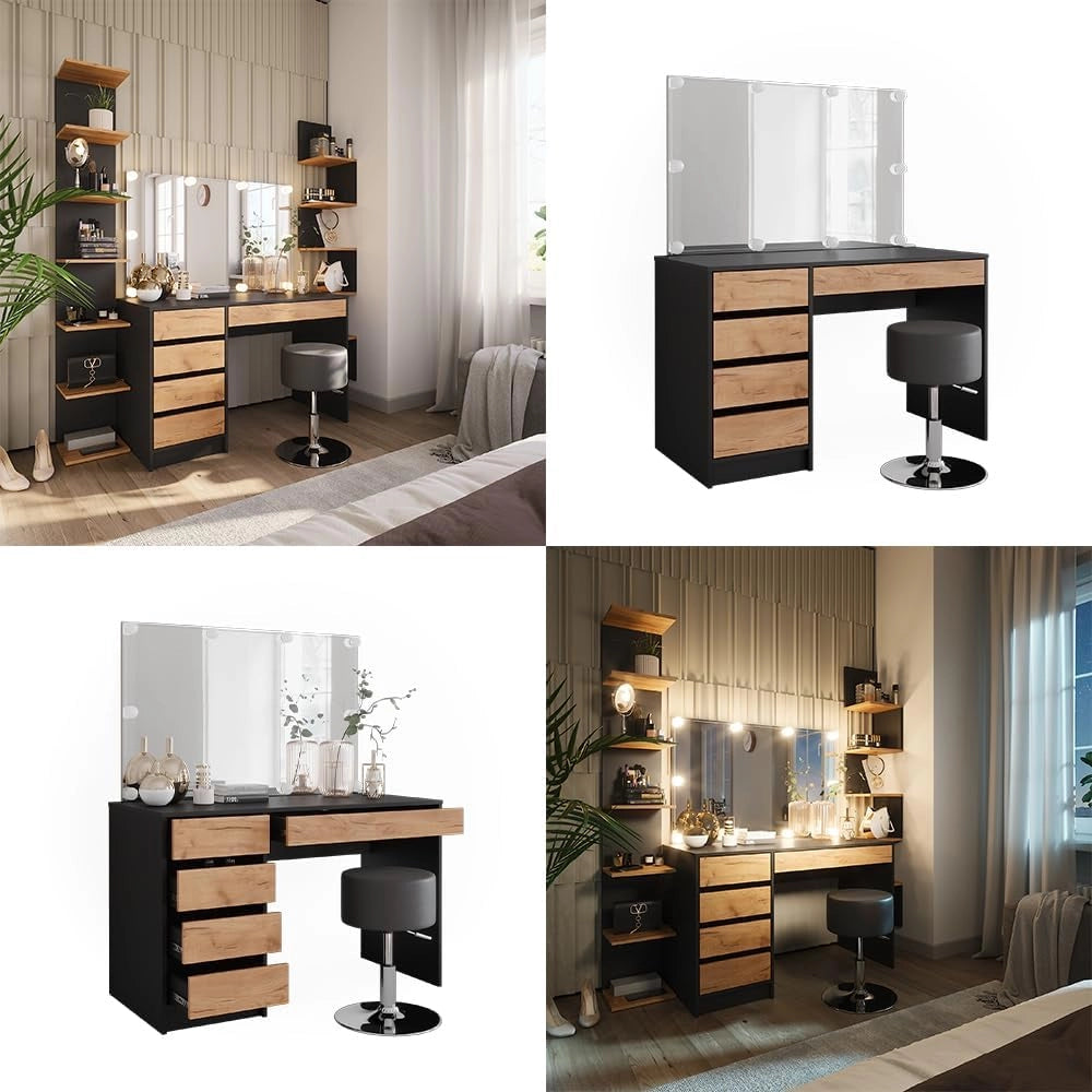 Vicco Tavolo da toilette Sherry, Antracite/quercia dorata, 120 x 75 cm con illuminazione a LED e sgabello