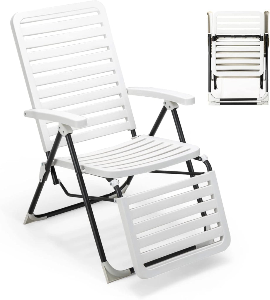 Sedia Pieghevole da Giardino, Sedia Reclinabile con Schienale Alto, Regolabile in 7 Posizioni, Poltrona Portatile in PP Resistente, per Esterno Terrazza Balcone (con Poggiapiedi, 2)