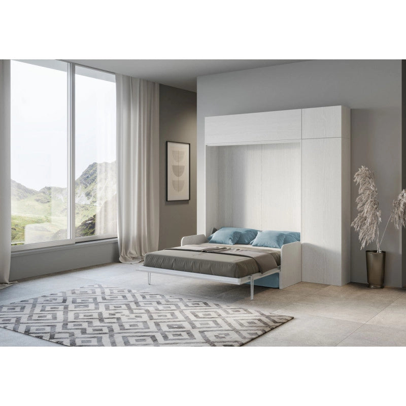 Letto matrimoniale a scomparsa 160 Kentaro con divano e mobili , azzurro - Bianco Frassino