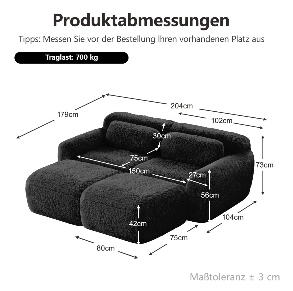 Divano modulare ad angolo senza struttura 204x179x73 cm in tessuto plush nero; senza montaggio