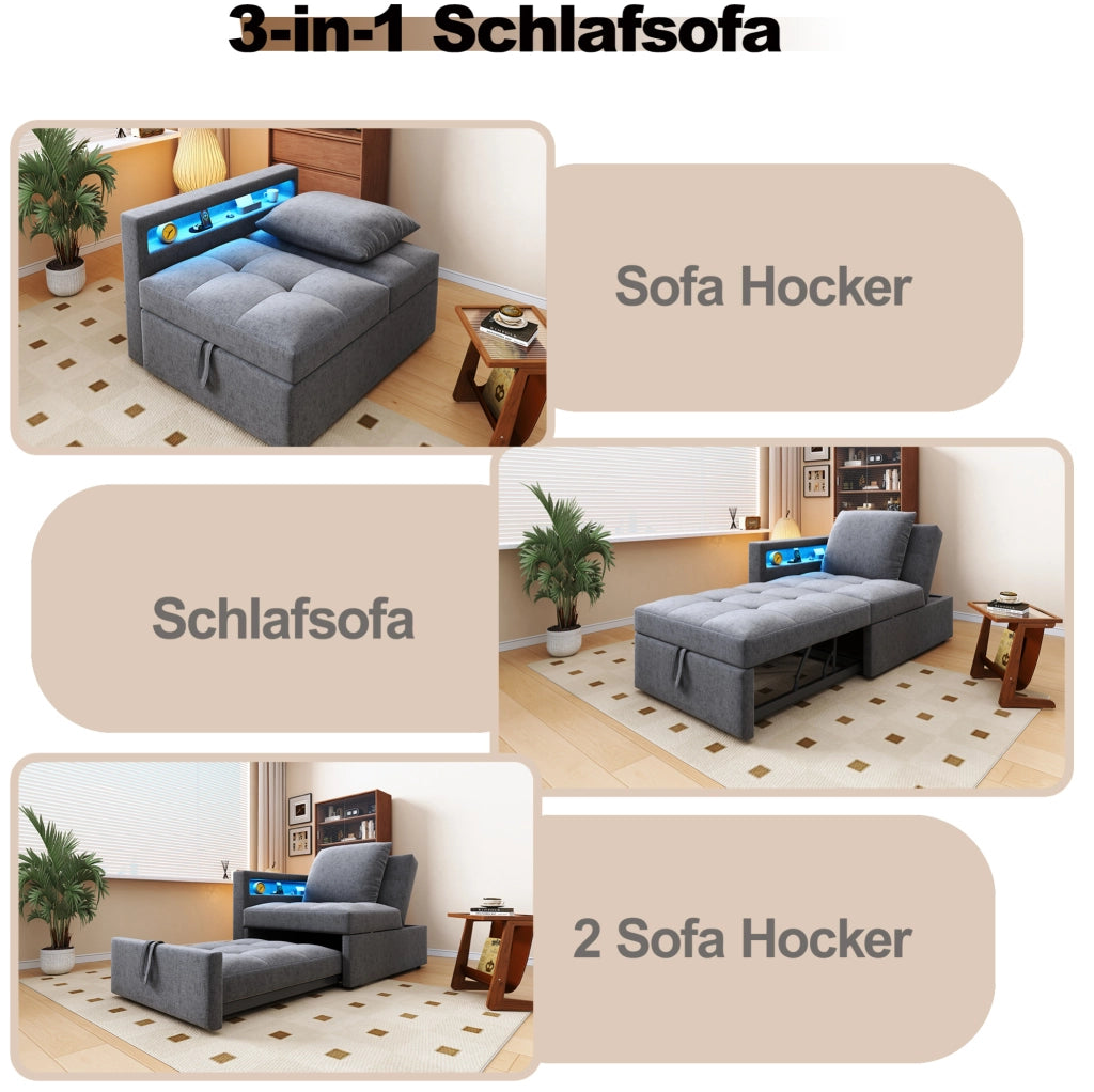 Divano letto 3 in 1 grigio chiaro con schienale regolabile, LED e ricarica