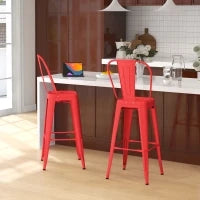 Set 2 Sgabelli da Cucina di Design con Schienale Rimovibile e Poggiapiedi, in Metallo, 44x46x116 cm, Rosso