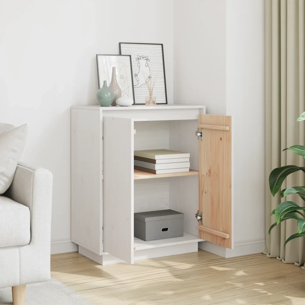 Credenza Bianca 60x34x75 cm in Legno Massello di Pino 813346