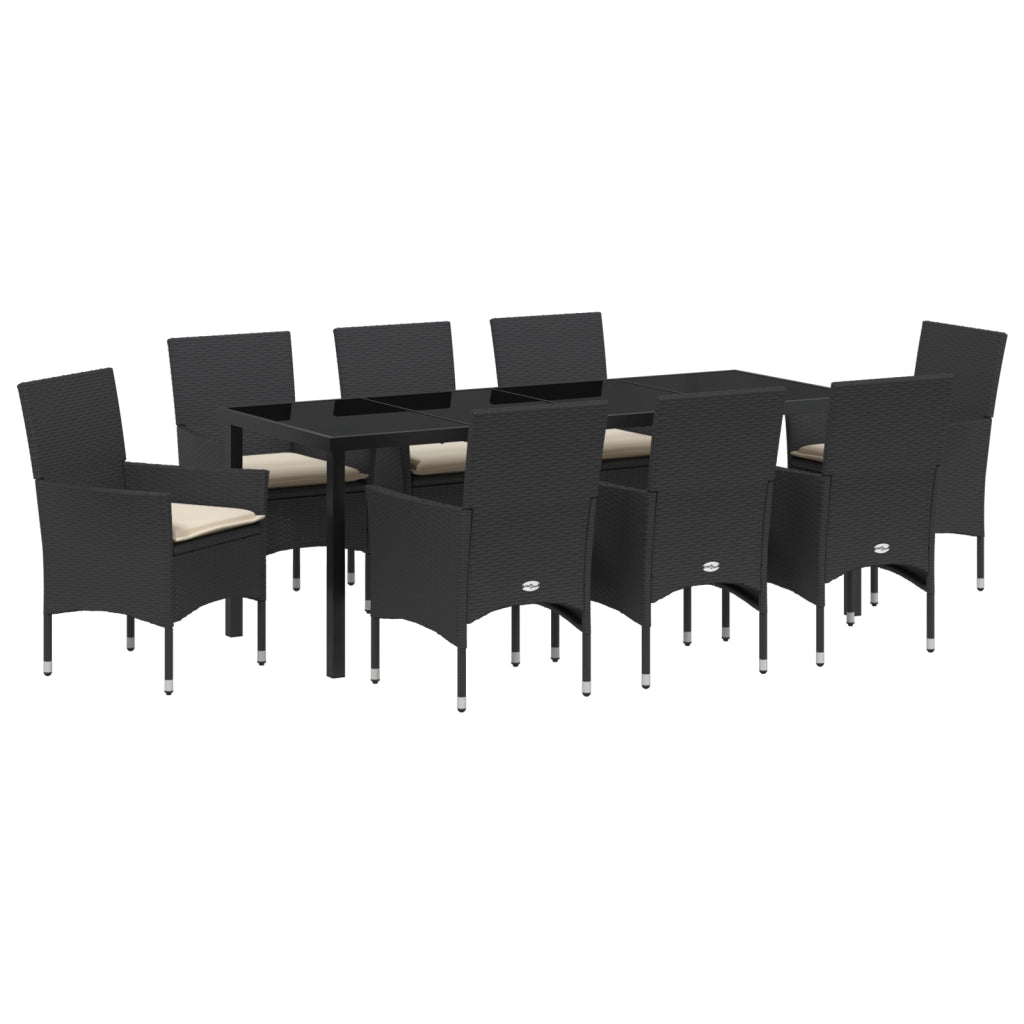 Set da Pranzo da Giardino  9 Pezzi con Cuscini in Rattan Polyrattan Nero